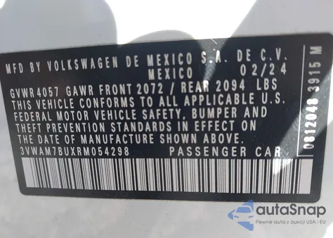 2024 Volkswagen Jetta 1.5T Sport z USA, uszkodzony, nr VIN 3VWAM7BUXRM054298